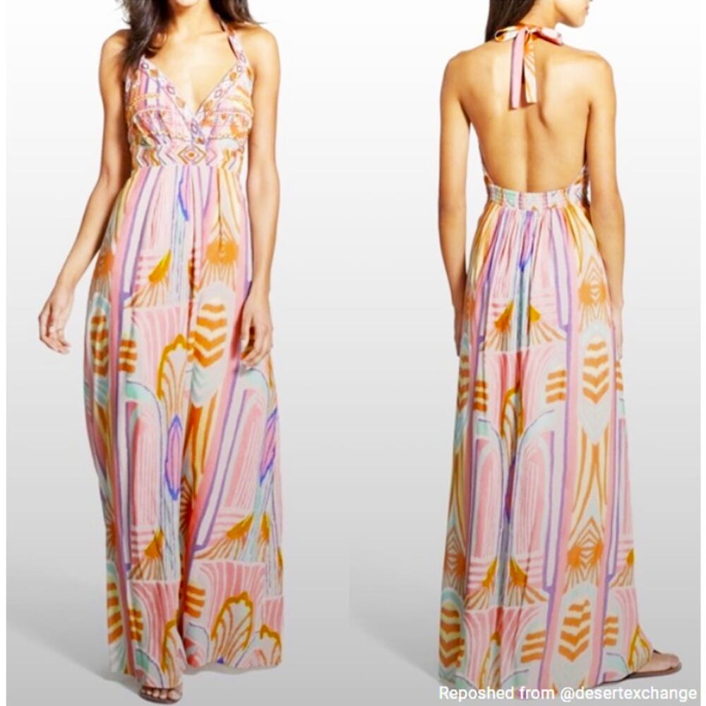 Jessica Simpson Women's Pink Me Maxi Dress Tie Halter Beaded Chest Backless Boho